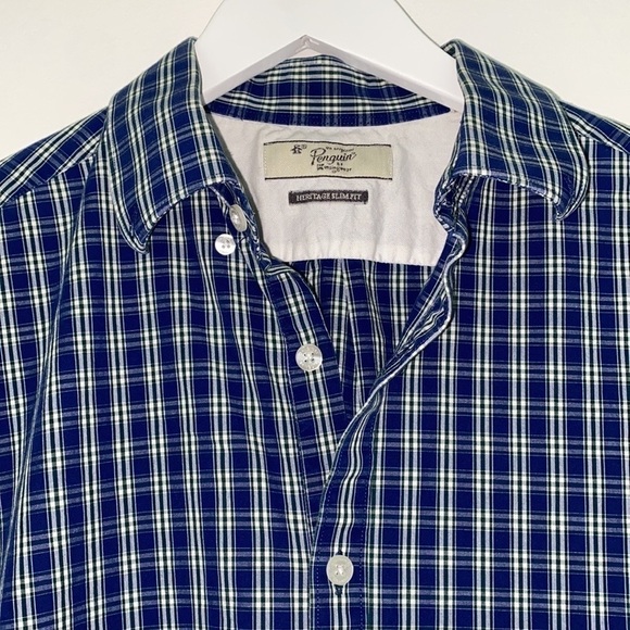 Original Penguin Men’s Heritage Slim Fit Blue Plaid Button Down, 16; 34/35 - Picture 9 of 9
